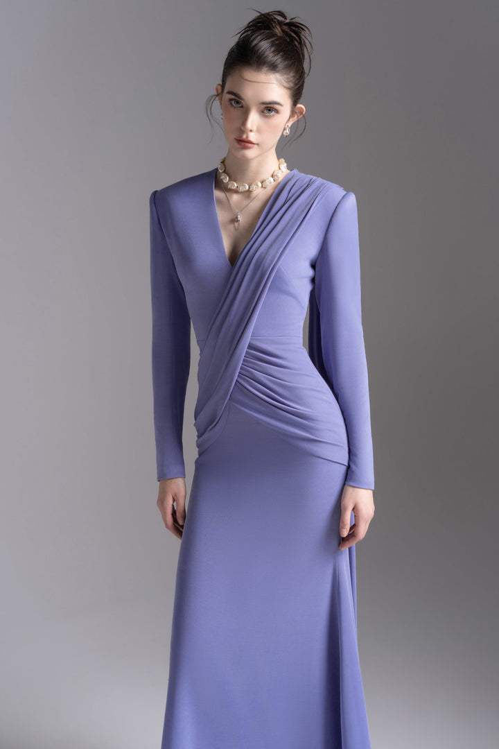 Draped V-neck long-sleeve gown – LAVENYA