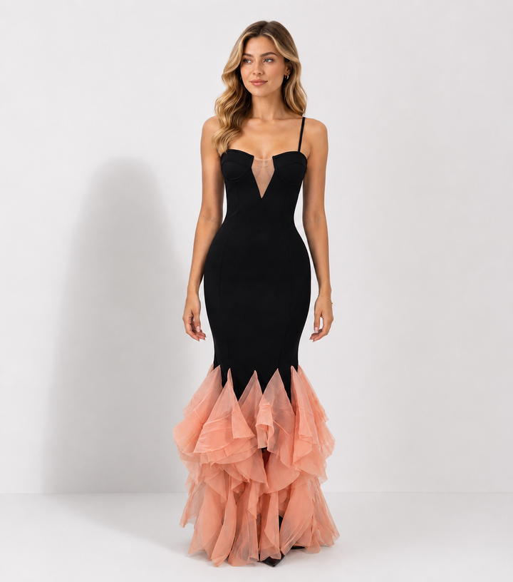 Contrast Ruffle Mermaid Evening Gown — Obsidian