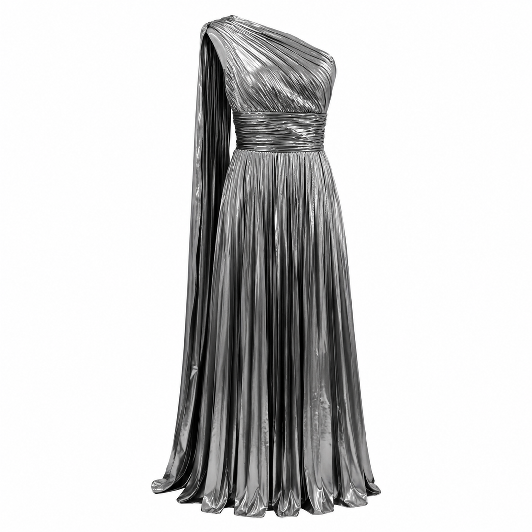 One-Shoulder Metallic Pleated Evening Gown - Radiance