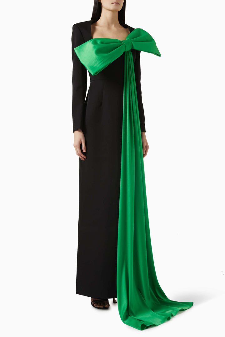 long-sleeve gown with oversized satin bow – EMERALDE