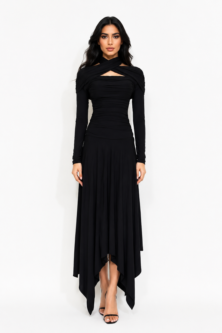 Twist Neck Asymmetrical Maxi Dress - GOLYA