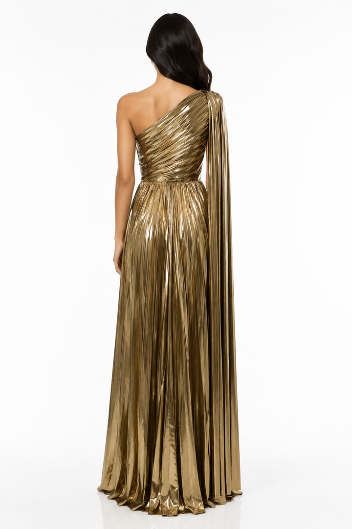 One-Shoulder Metallic Pleated Evening Gown - Radiance