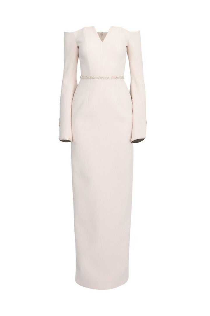 off-shoulder column gown with embroidered flared sleeves – BLUSHE