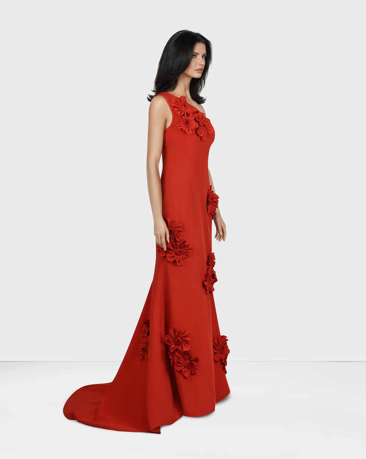 Shoulder off red dress with 3D flowers  - LOYAN
