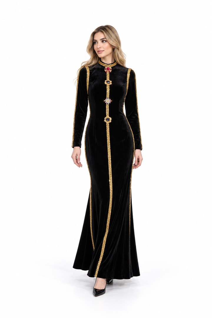 Gold Trim Velvet Long Sleeve Evening Gown - Regalia