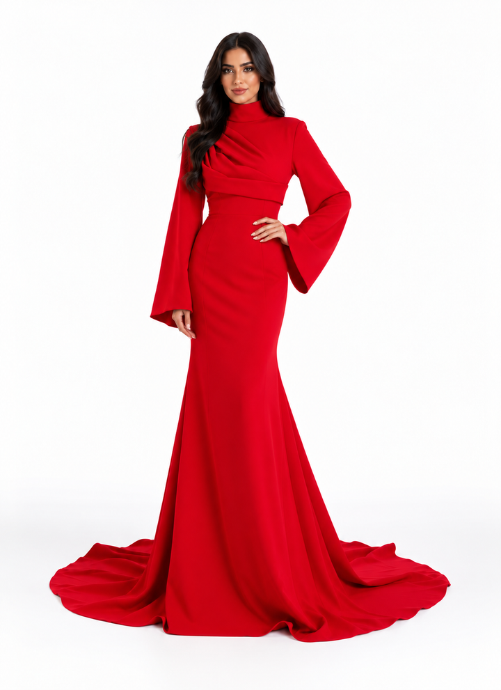 Red High-Neck Draped Long Sleeve Mermaid Maxi Dress - Scarlett