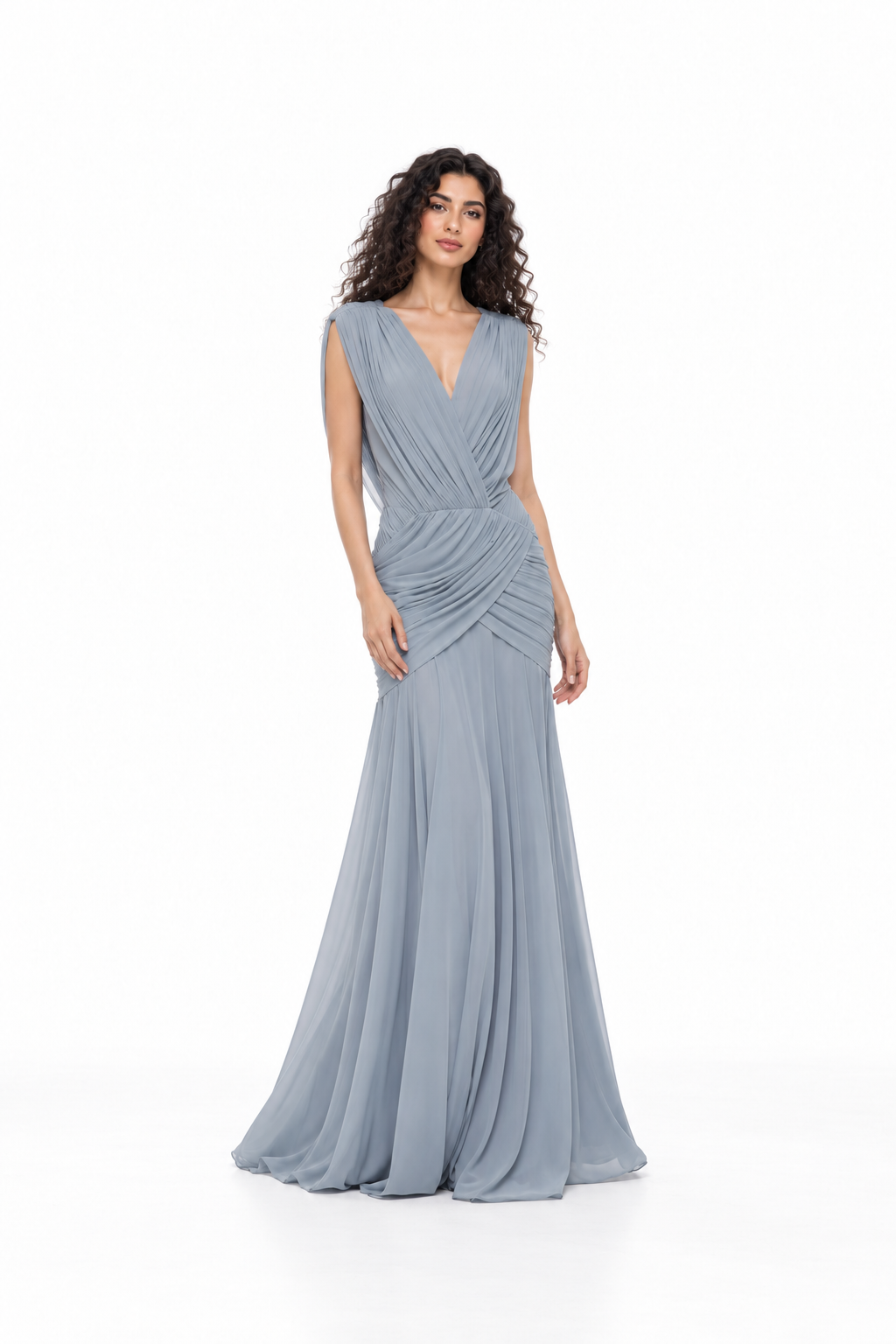 Ruched V-Neck Draped Evening Gown - Avelisse