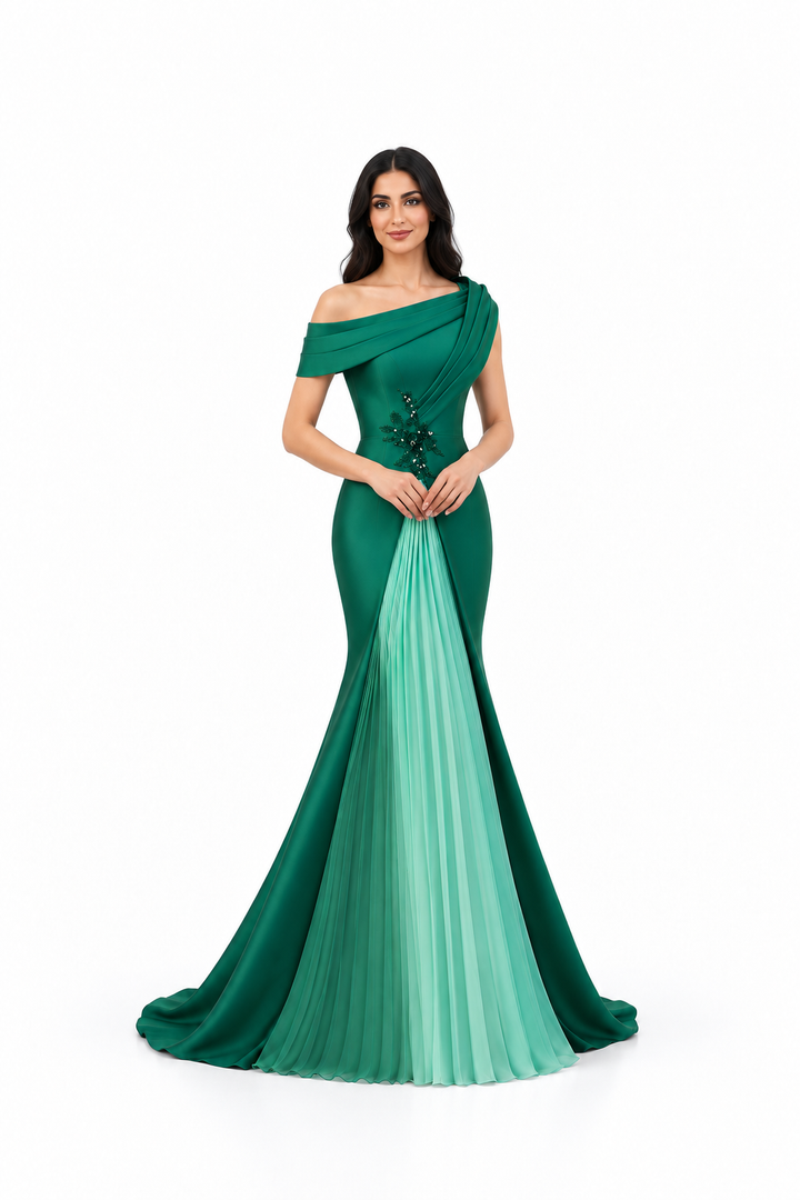 Asymmetric Off-Shoulder Pleated Panel Maxi Dress – Emerelle