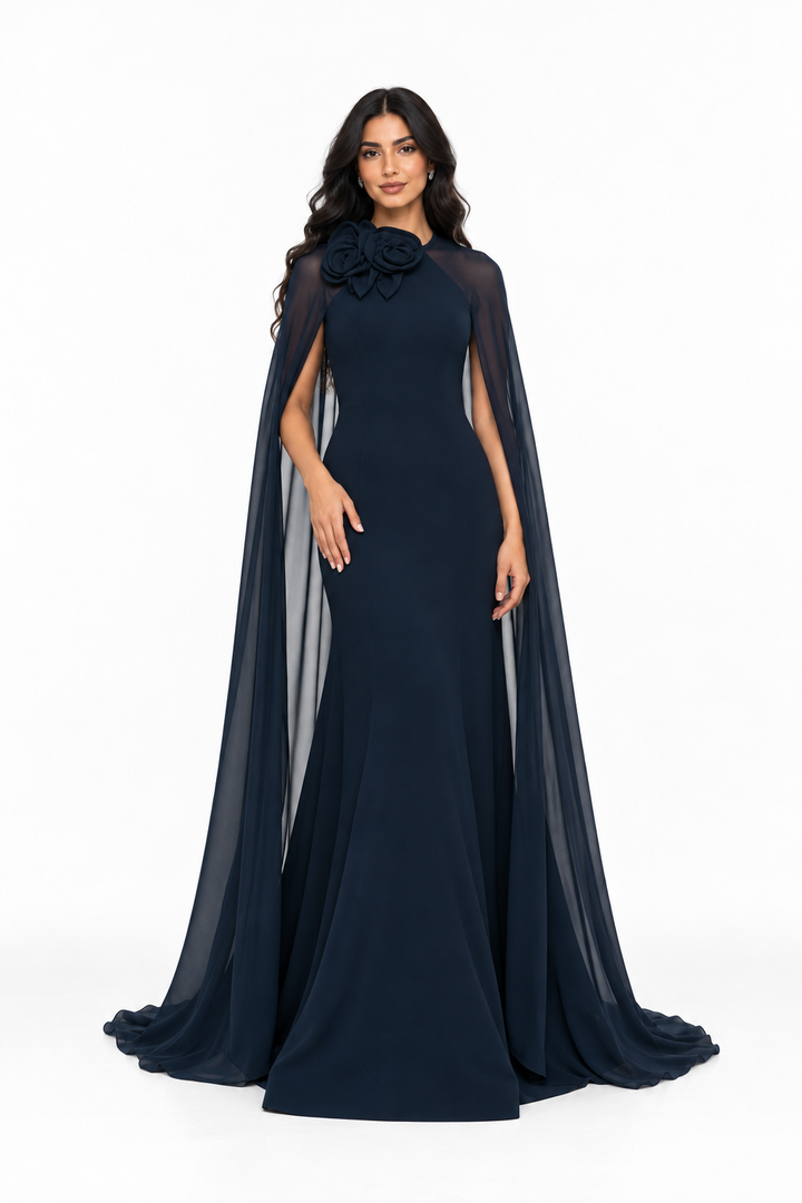 Navy Blue Floral Cape Maxi Dress - Elowen