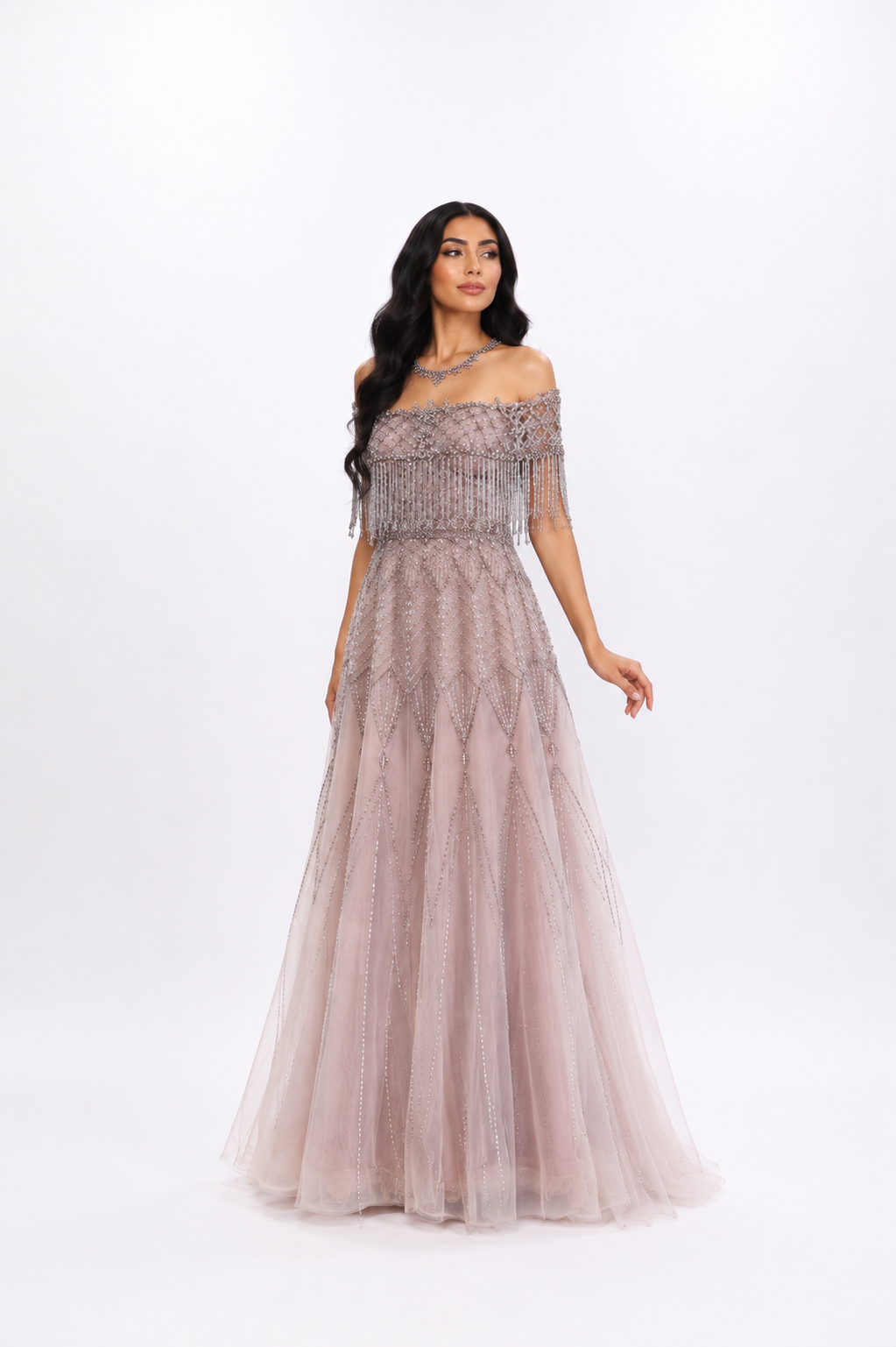 Crystal Fringe Off-Shoulder Gown – LUMERA