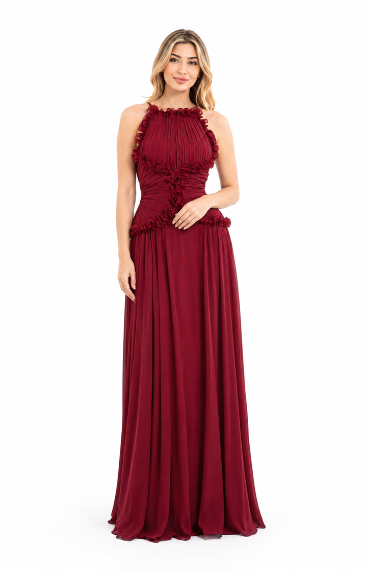 Ruffle Ruched Halter Maxi Dress – RUBESSA