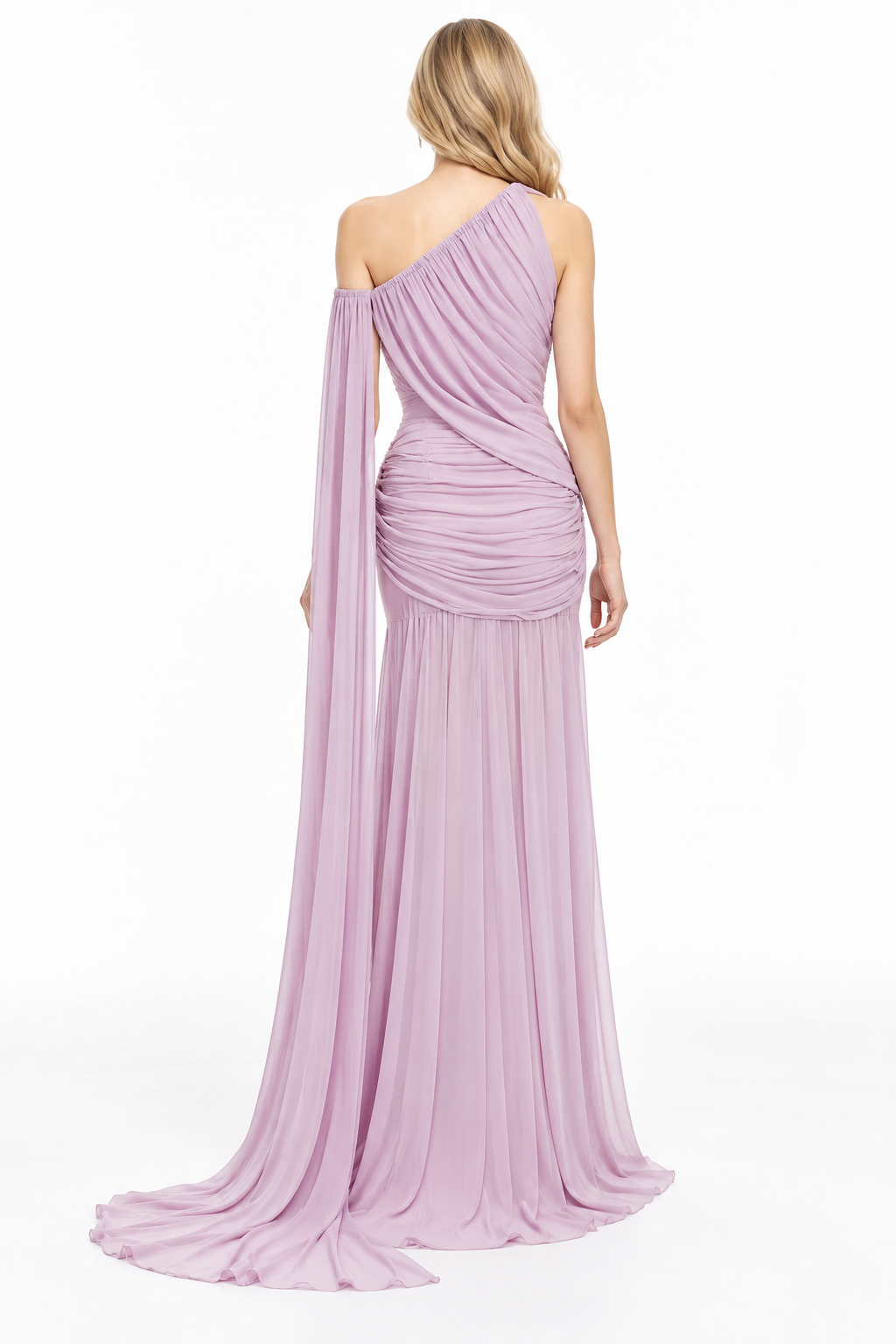 Asymmetric Ruched Cape Evening Gown - Lavessia