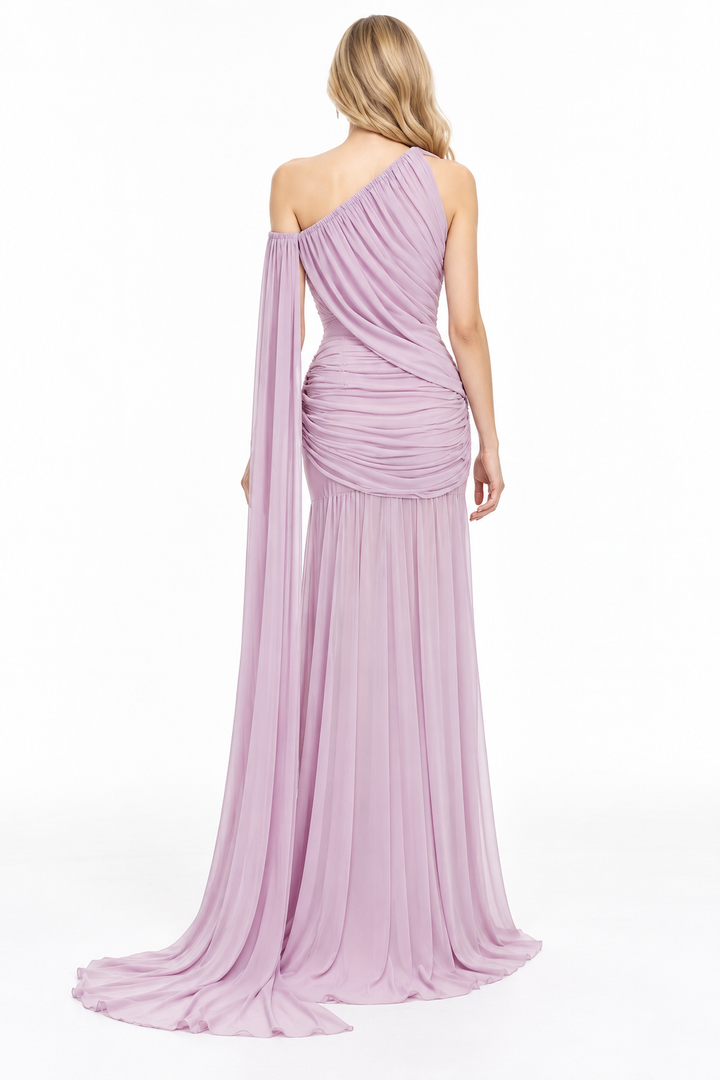 Asymmetric Ruched Cape Evening Gown - Lavessia