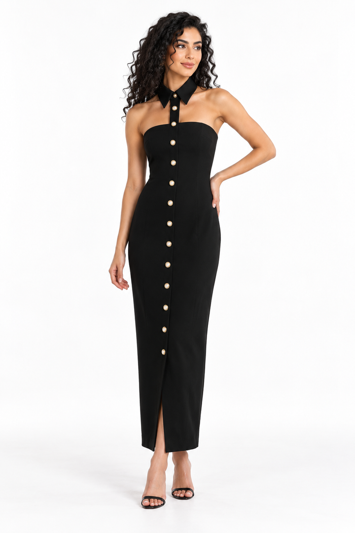 Button-Front Halter Midi Dress - Iconique
