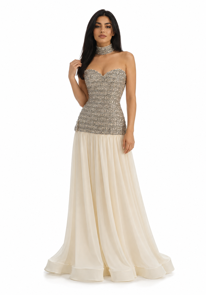 Crystal Bodice Chiffon Gown – IVORIA