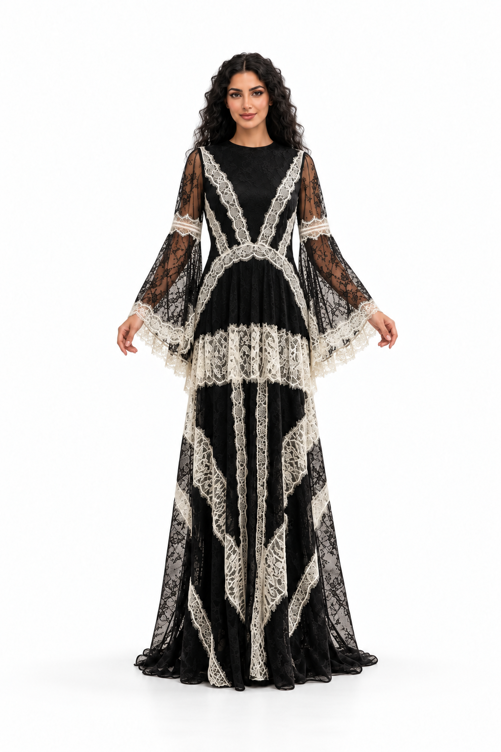 Contrast Lace Bell Sleeve Evening Gown - Chantelle