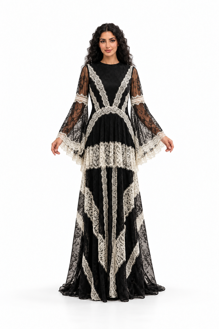 Contrast Lace Bell Sleeve Evening Gown - Chantelle