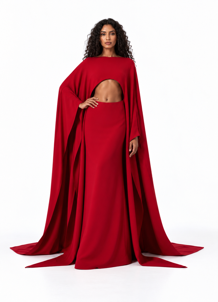 Cutout Cape Sleeve Evening Gown - Crimsona