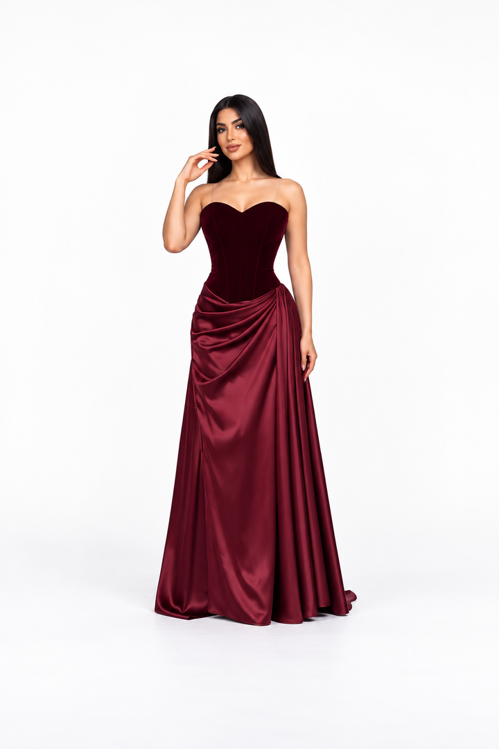 Velvet Draped Strapless Evening - Merlotique