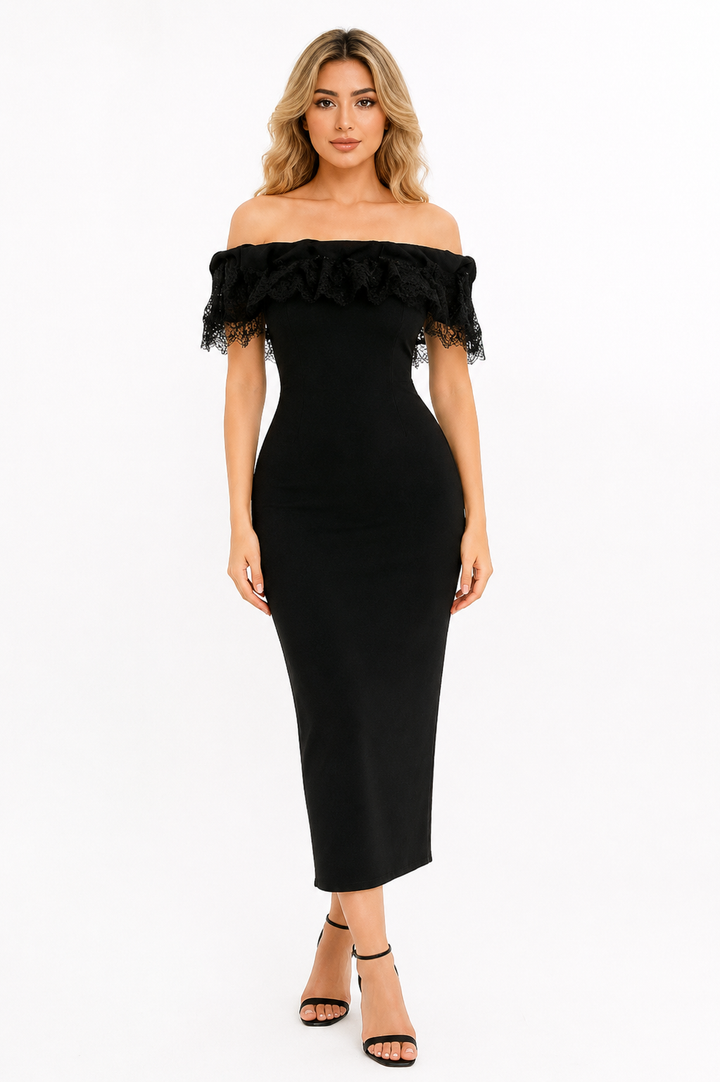 Black Off-Shoulder Lace Midi Dress – Noir