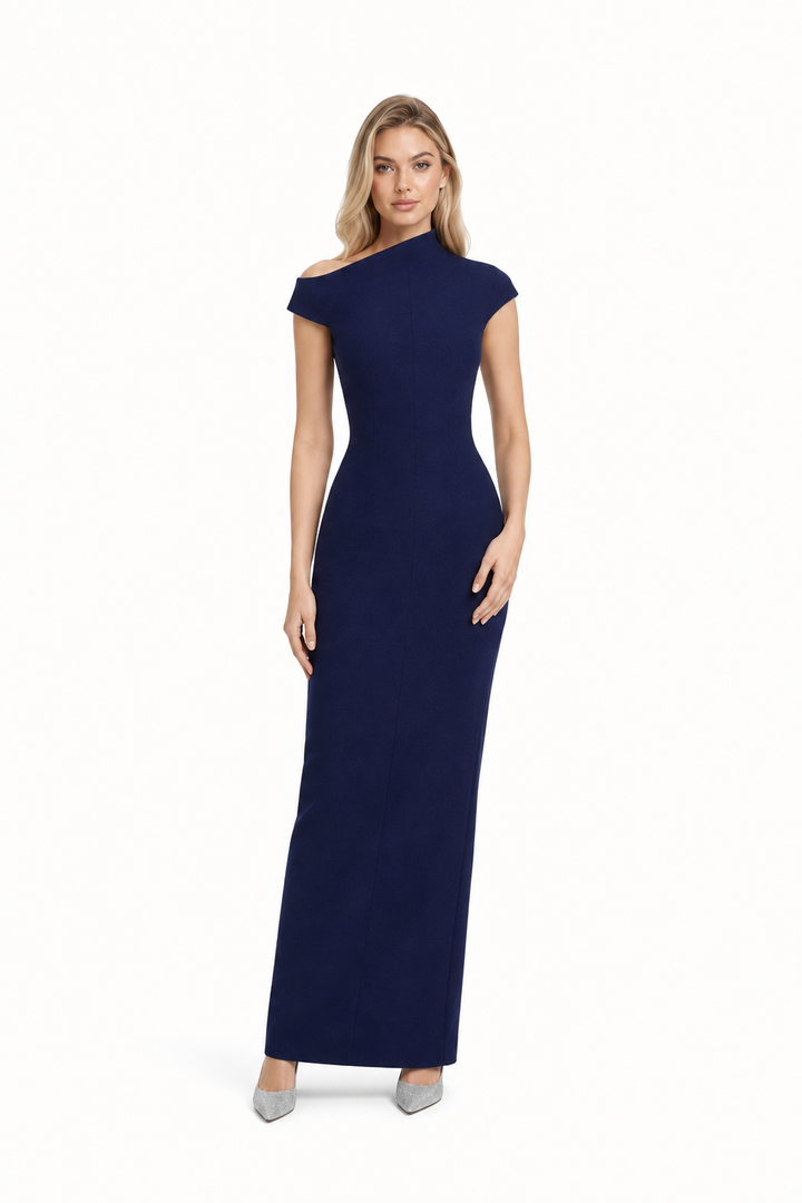 Asymmetric High Neck Column Maxi Dress – NAYELLA