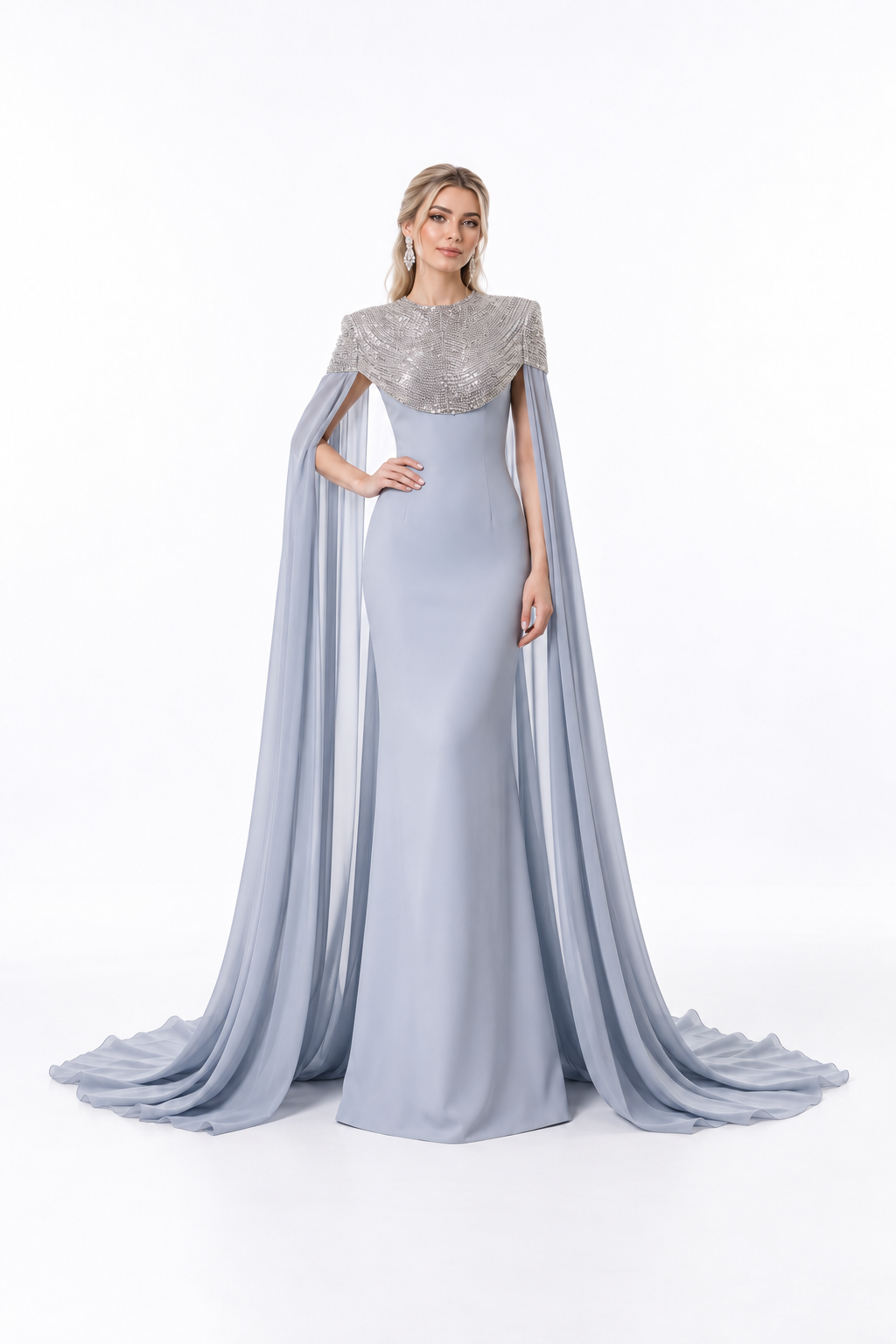 Embellished Cape Shoulder Column Maxi Dress – Seraphine