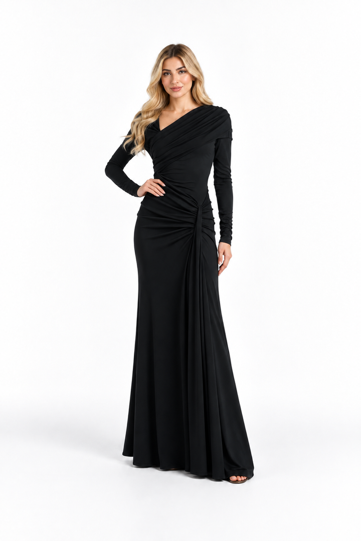 Black Draped Off-Shoulder Maxi Dress - Selene