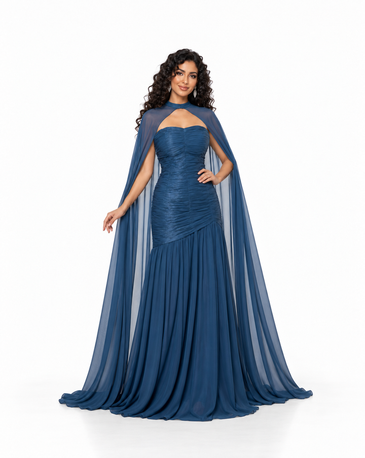 Ruched Cape Gown with Sculpted Bodice - Virelune