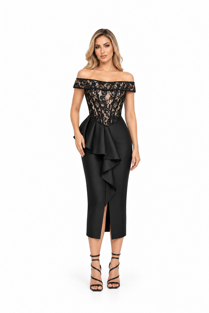 Lace Corset Peplum Midi Dress - Veloura