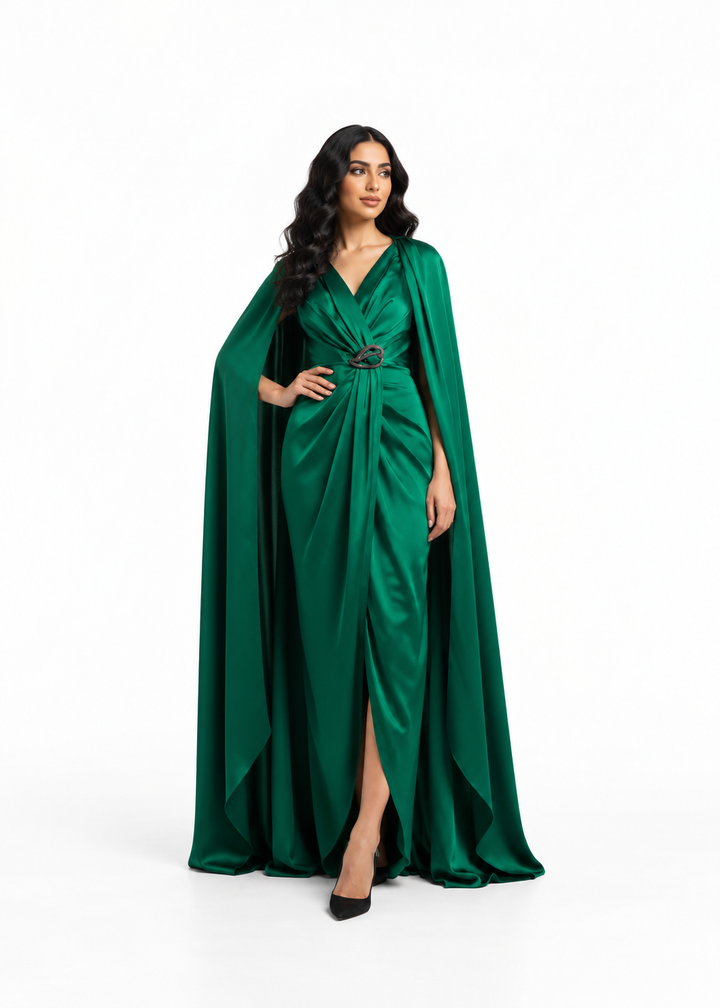 Draped V-Neck Cape Evening Gown - Emerisse