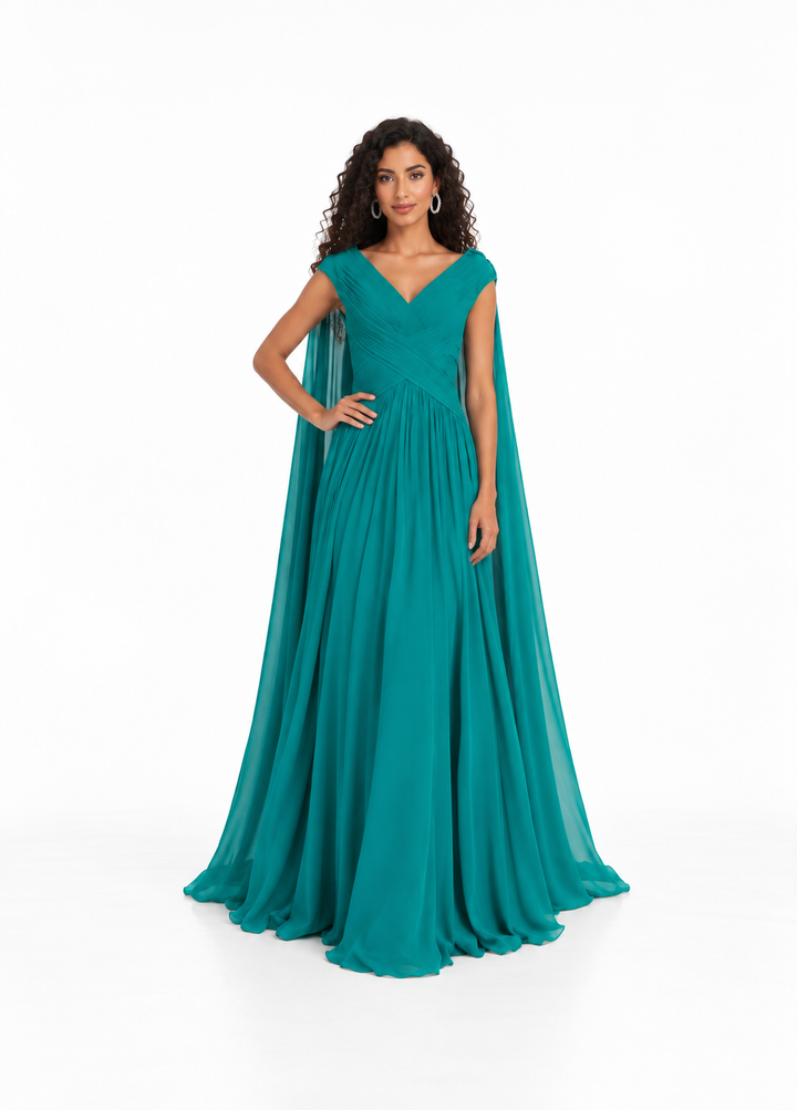 Ruched V-Neck Chiffon Evening Gown - Tealoria