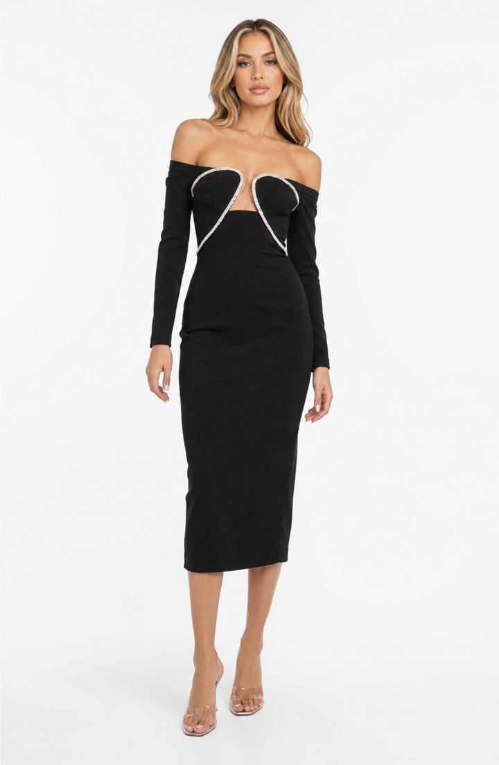 Black Off-Shoulder Cut-Out Midi Dress – VELVETTA