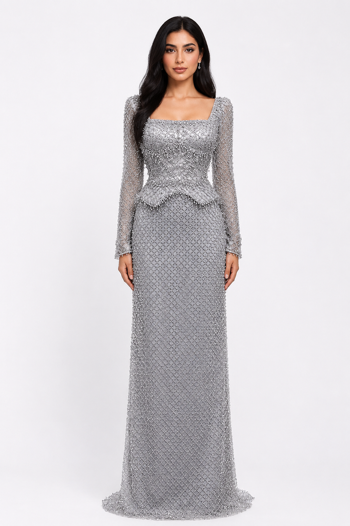 Crystal Beaded Long-Sleeve Gown – CELESTE
