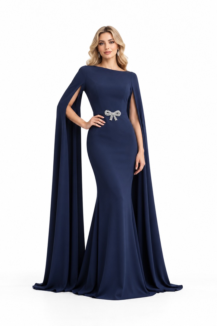 Crystal Bow Cape Mermaid Evening Gown - Navielle