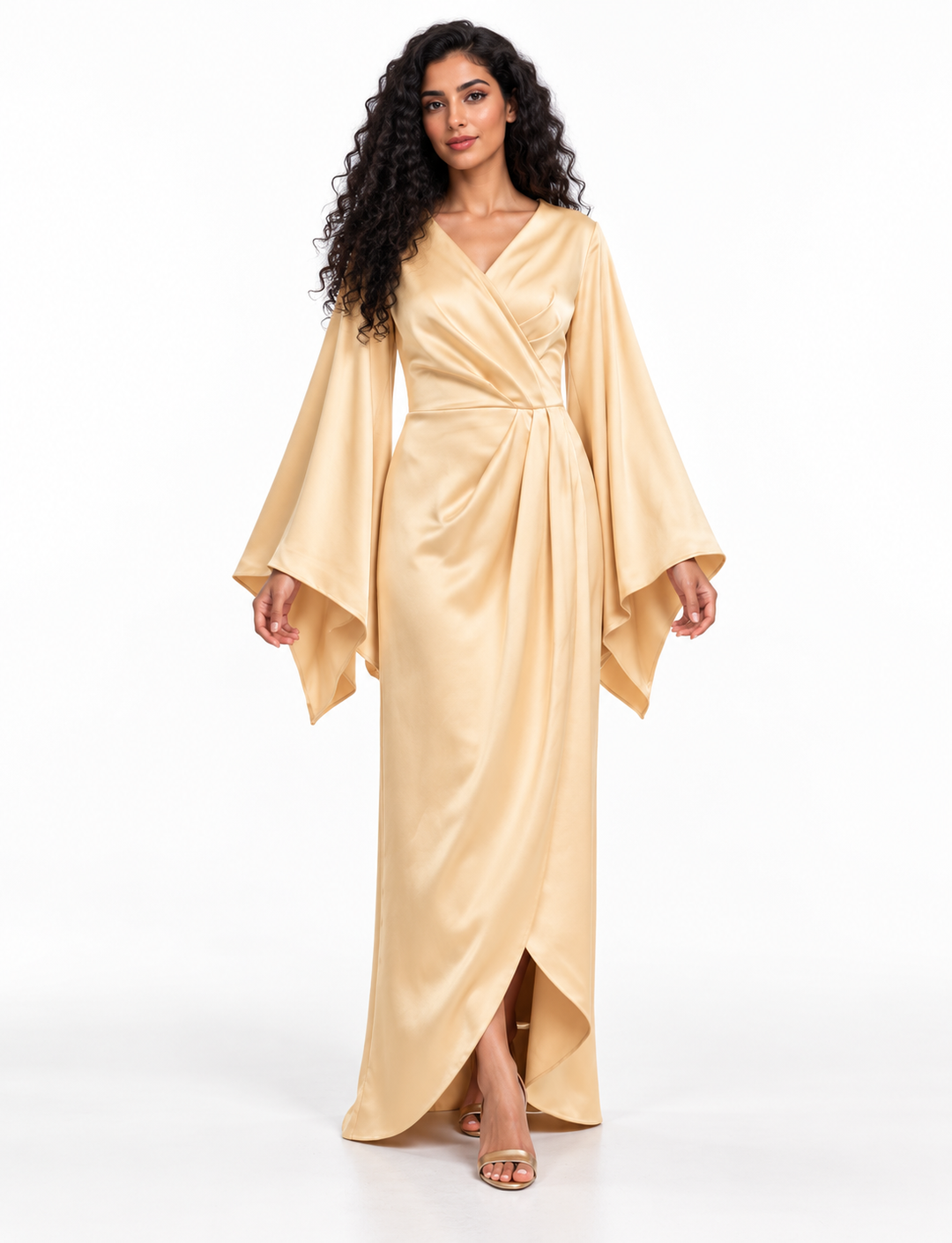 Wrap-Front Draped Sleeve Evening Gown - Sorelle