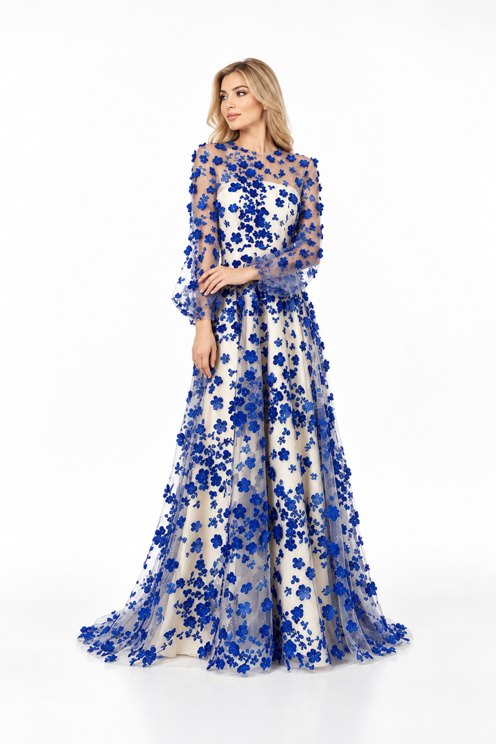 Floral Appliqué Sheer Sleeve Evening Gown - Azurielle