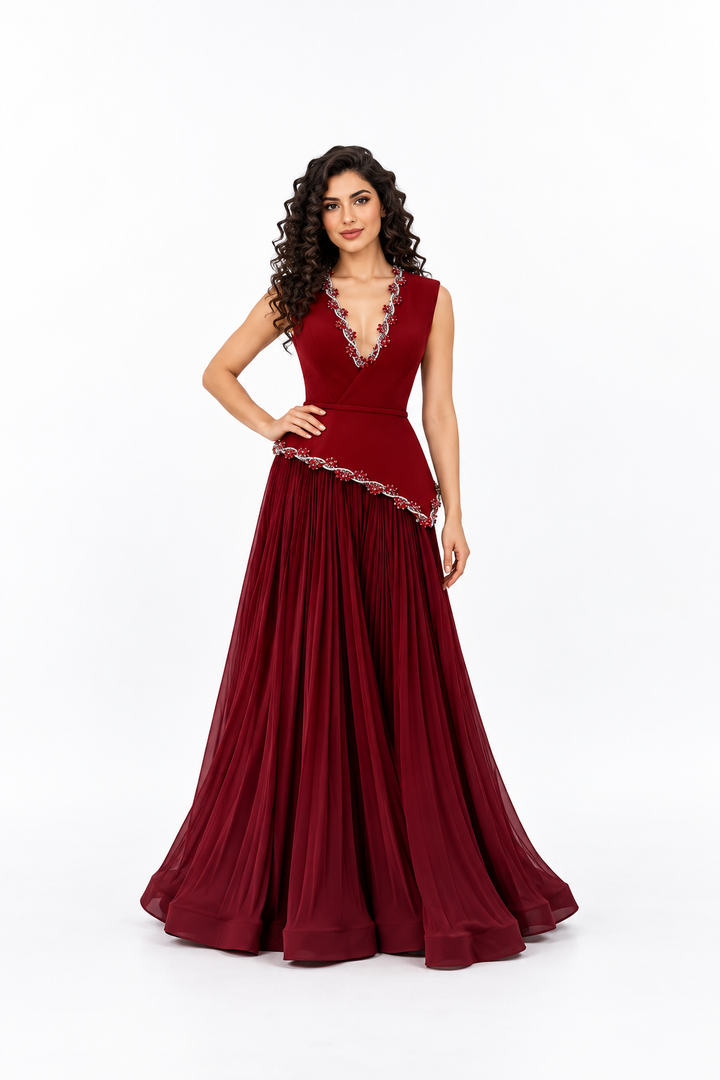 Beaded Peplum Pleated Evening - Carmine