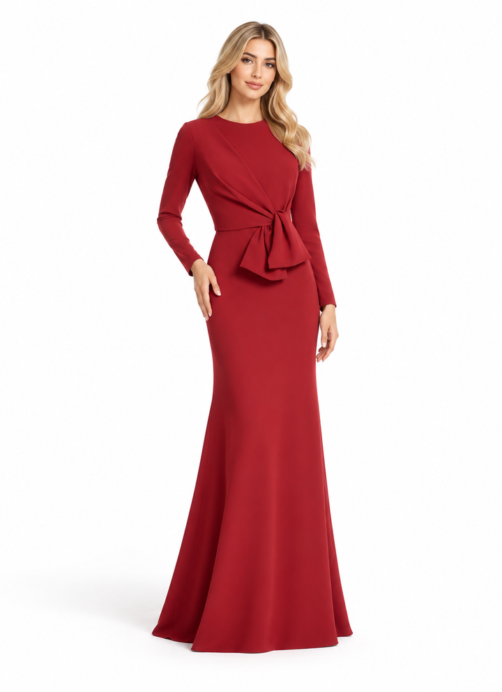 Bow Waist Long Sleeve Evening Gown - Carmellia