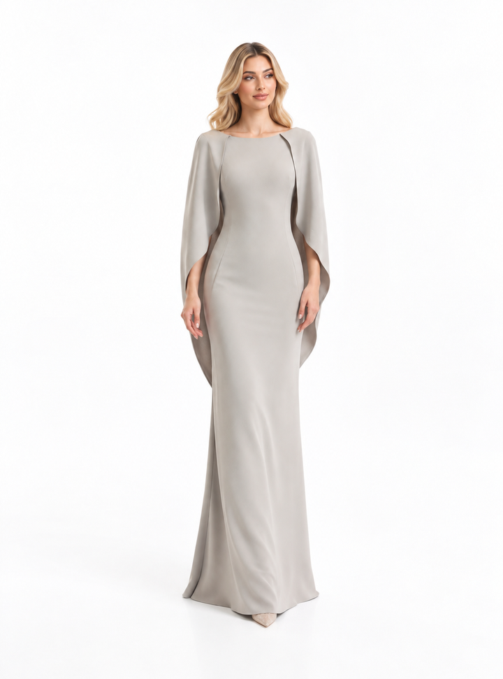 Soft Grey Sculpted Cape Maxi Dress - Elodie