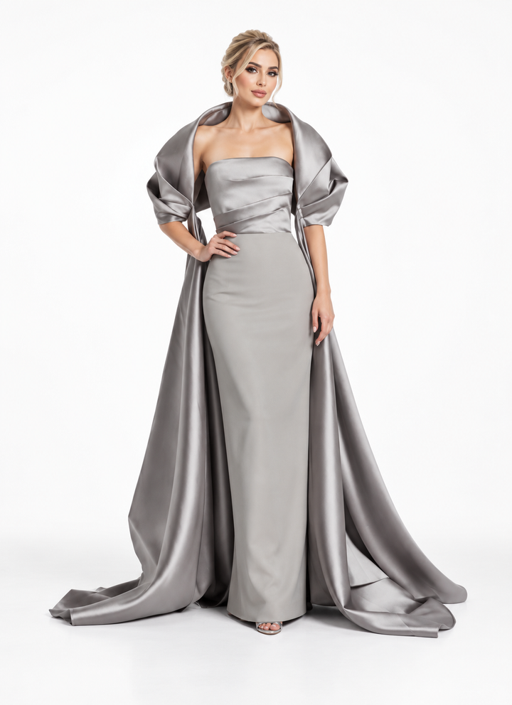Sculptural Satin Cape Evening Gown - Silvaria