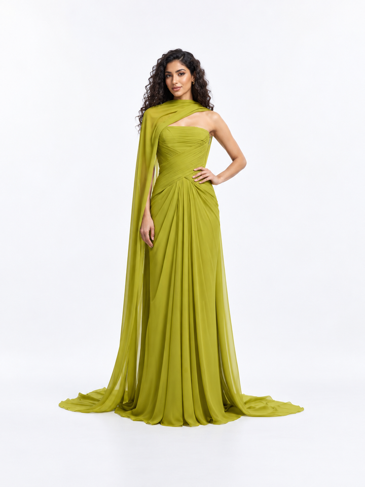 One-Shoulder Draped Cape Evening Gown - Verdant