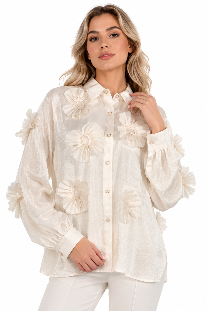 Ivory 3D Floral Appliqué Shirt – BLOOM