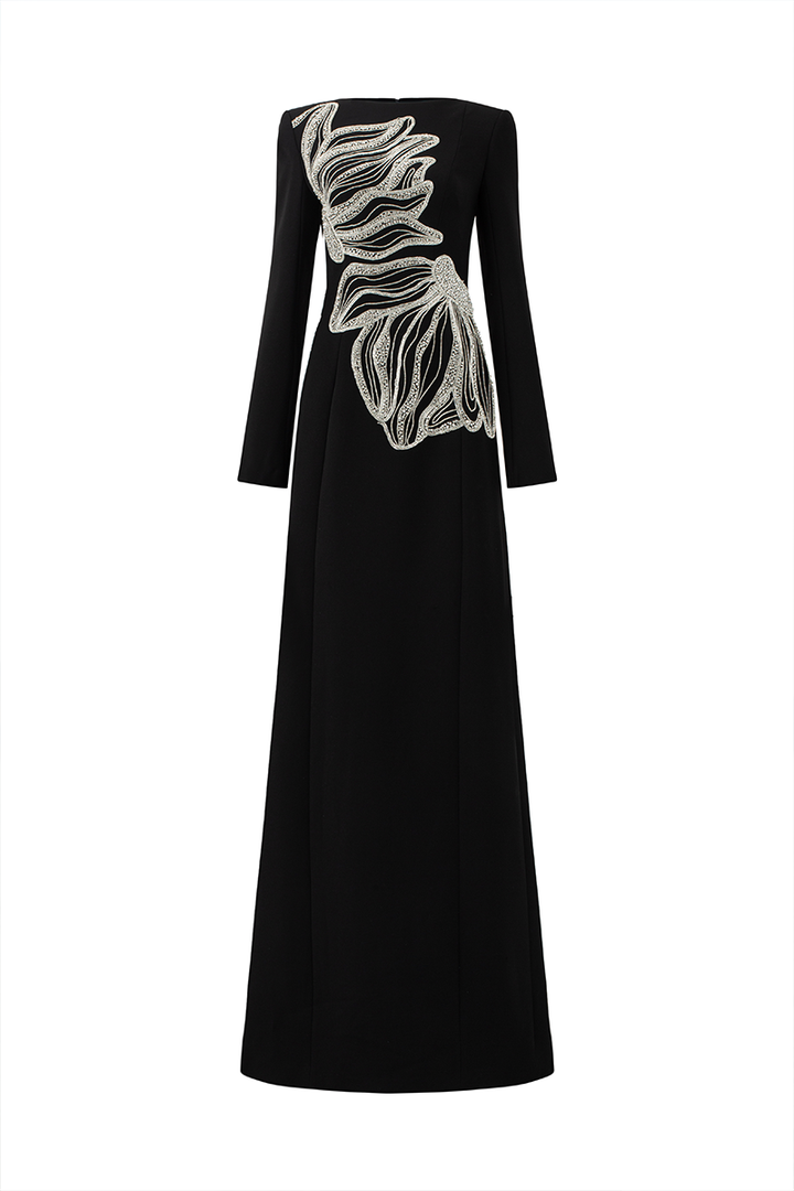 embellished sculptural gown with long sleeves – OCEANA