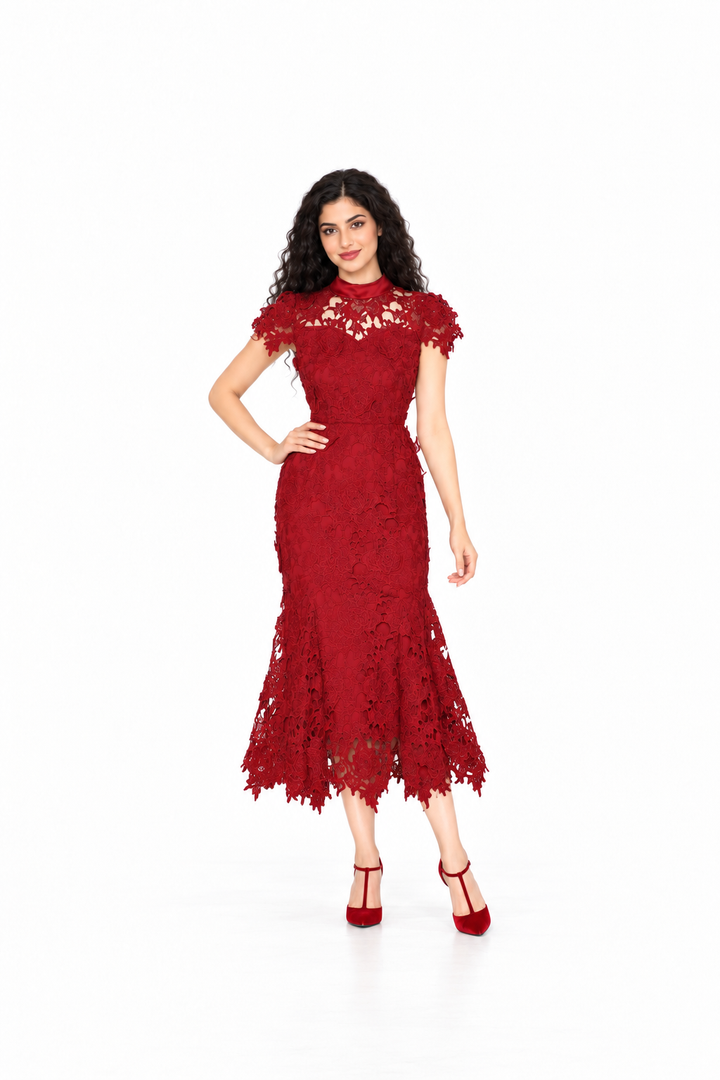 High-Neck Lace Midi Dress - Crimsonelle