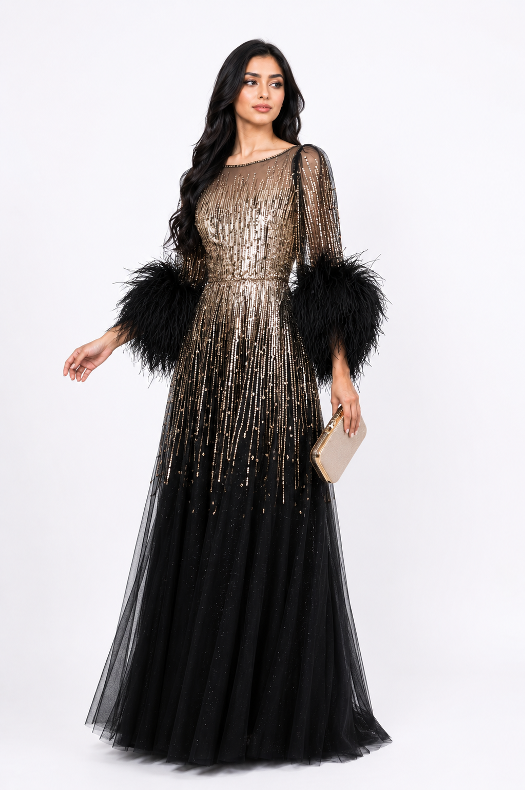 Feather Cuff Sequin Tulle Gown – FUCHSIA
