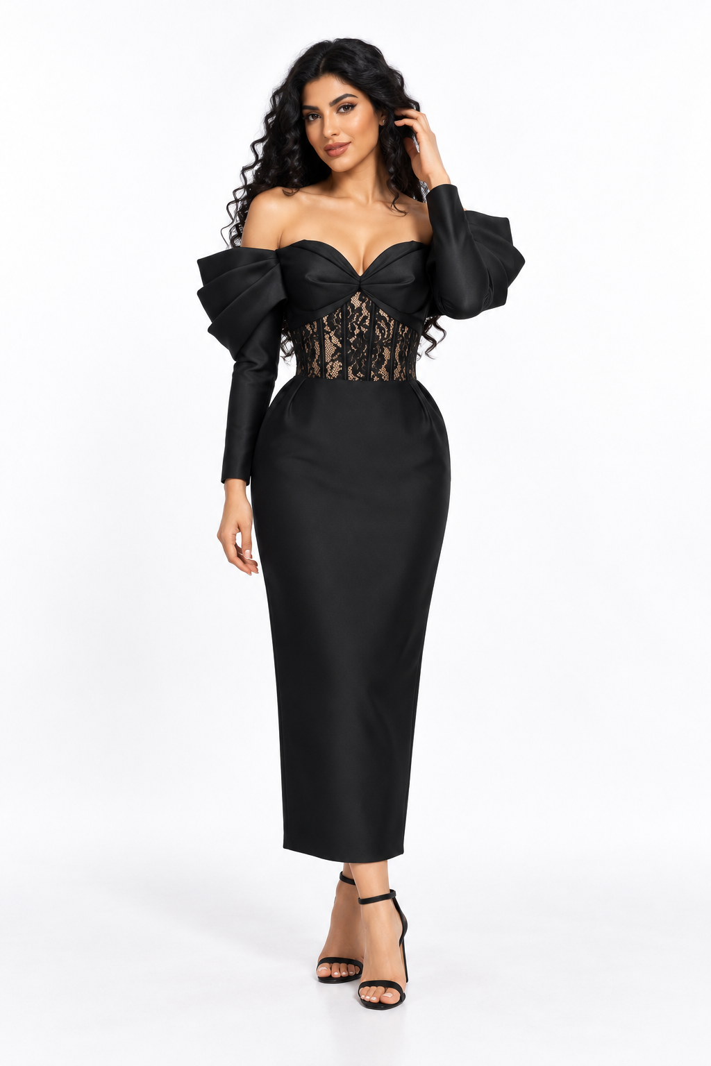 Lace Corset Ruffle Sleeve Midi Dress - Belladonna