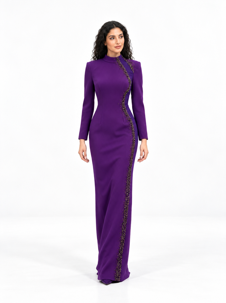 Crystal Trim High-Neck Evening Gown - Virelle