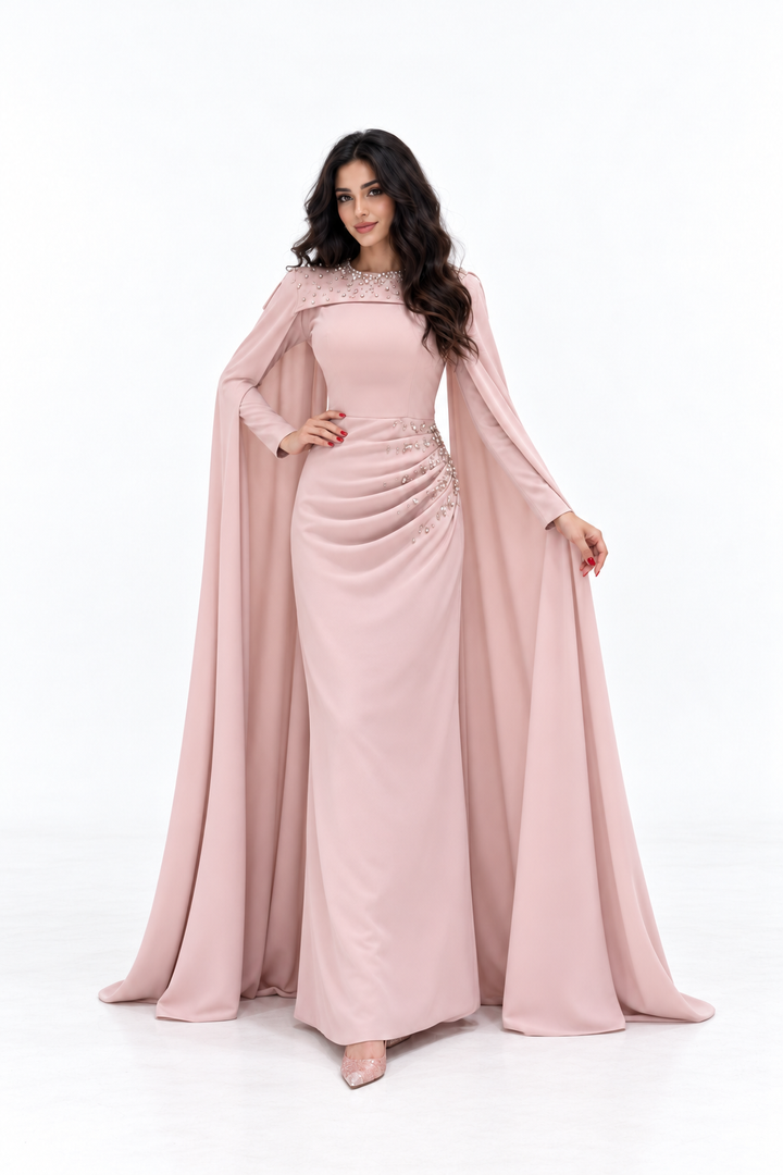 Embellished Cape Draped Evening - Rosavelle