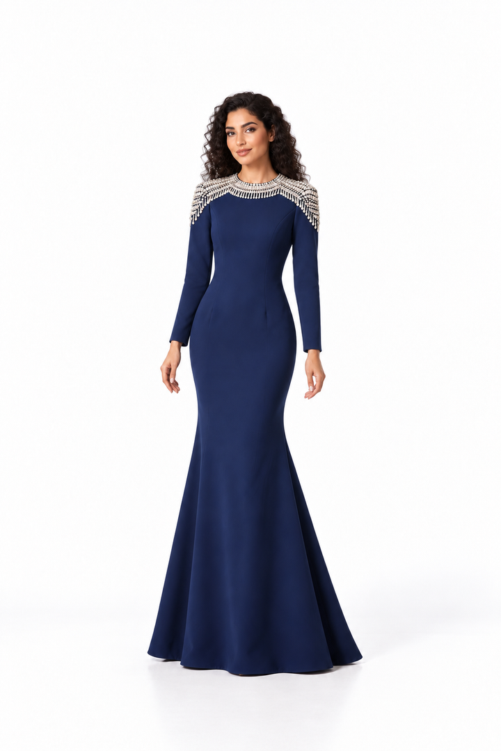 Crystal Fringe Shoulder Long Sleeve Evening Gown - Celestine