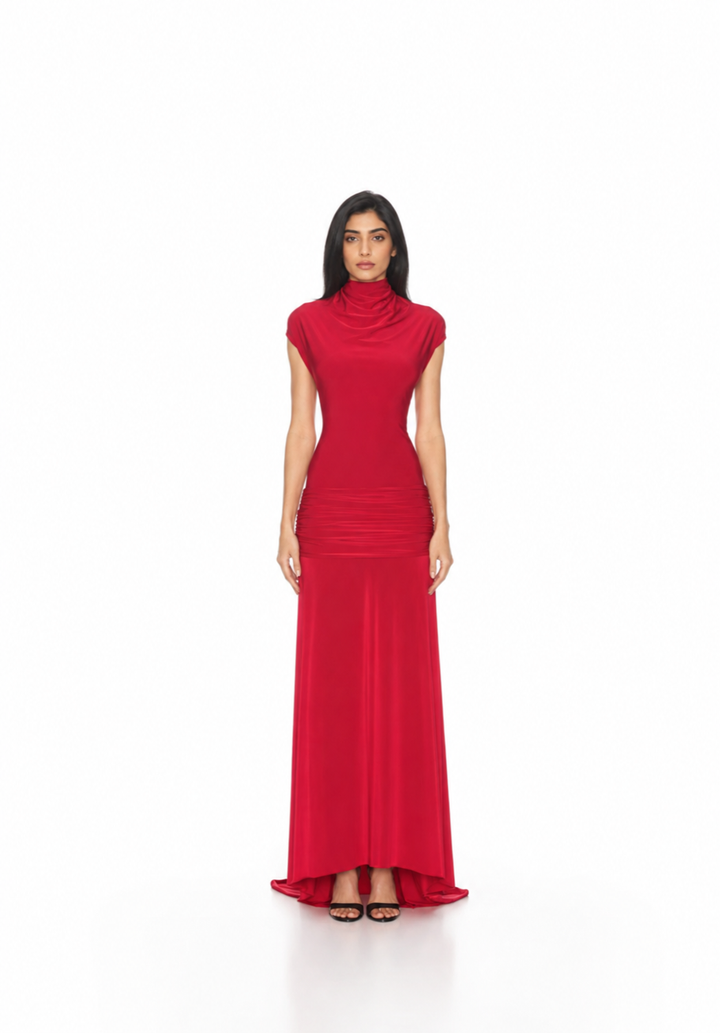 Ruched High Neck Maxi Dress – RUBELLA